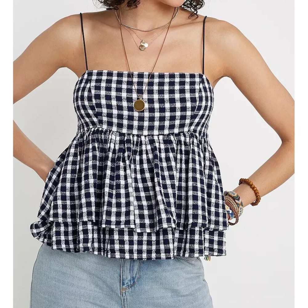 URBAN OUTFITTERS Navy OLIVIA Smocked Back TIERED RUFFLES HEM Babydoll Top/Cami M